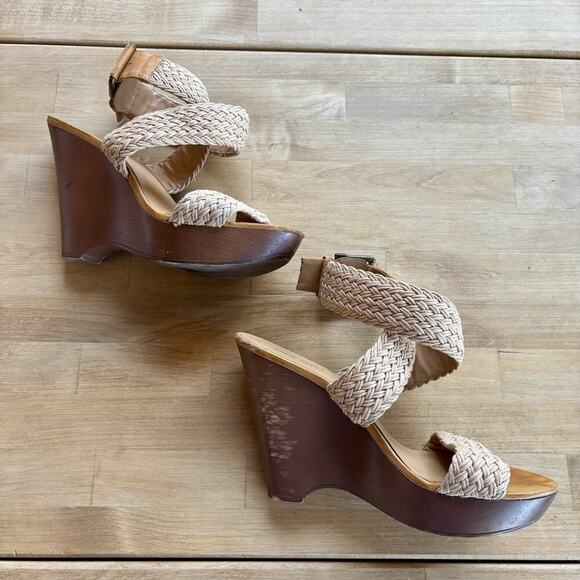 Nine West Marlon Boho Wedge Heels 8.5M Brown Woven Platform Adjustable Sandals - Picture 4 of 13